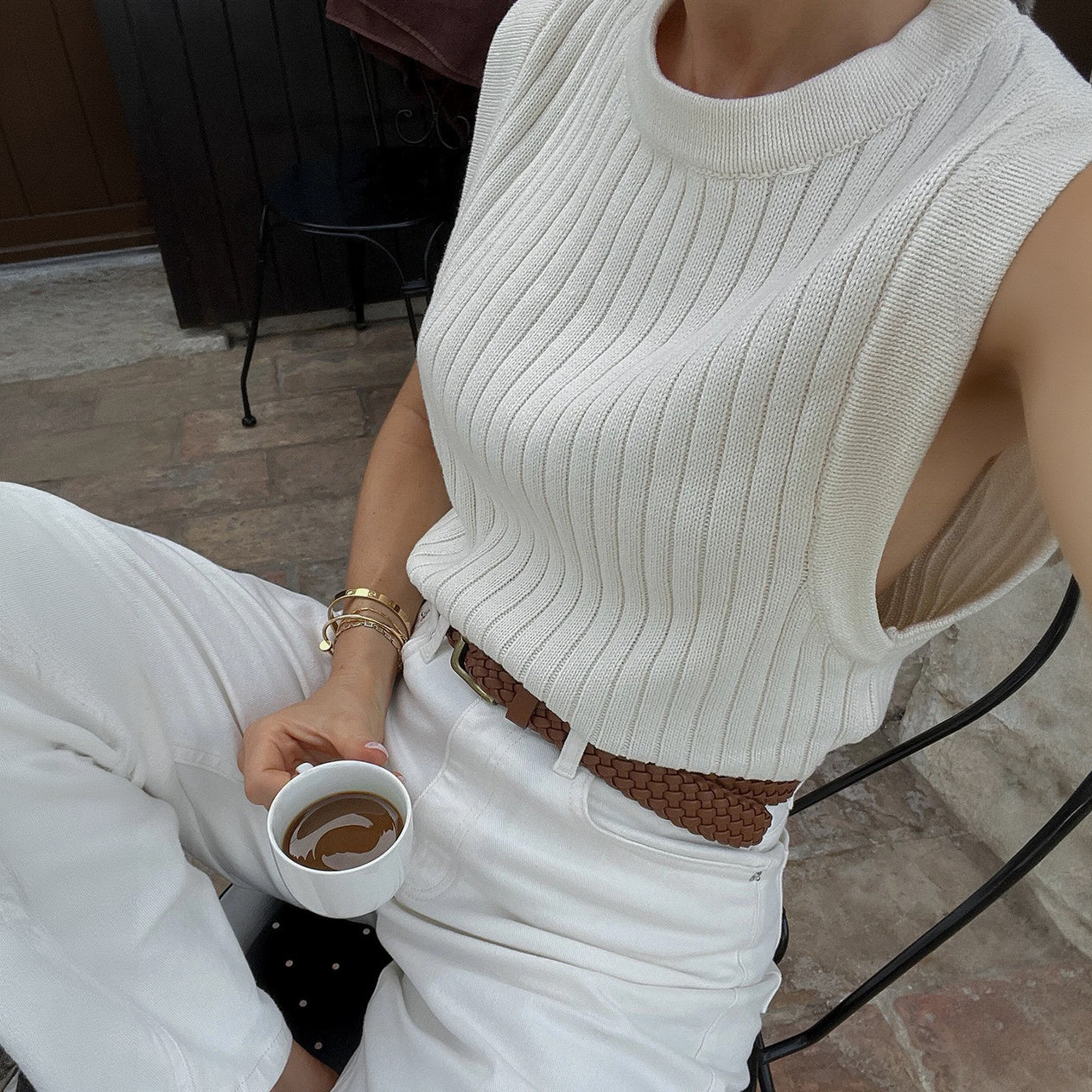 Haut Tricoté Sans Manches – Coupe Ajustée, Encolure Haute-Falling for Autumn-Marais Paris-Blanc Cass é-XS-Marais Paris