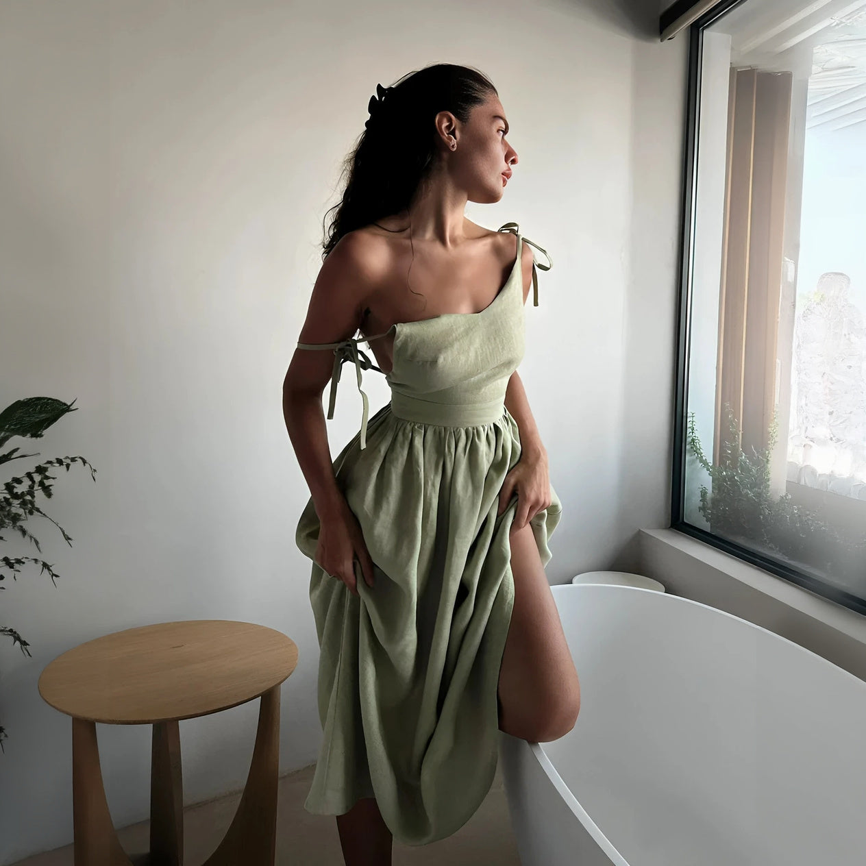 Robe A-ligne, Bretelles Ajustables, Taille Cintrée-Marais Paris-Vert Mat-8 - 10 (S)-Marais Paris