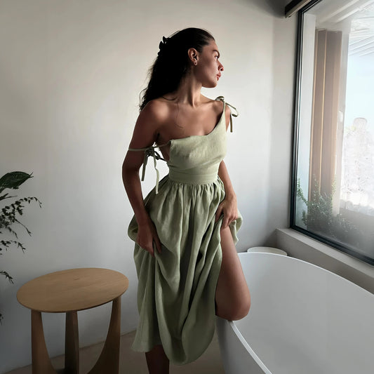 Robe A-ligne, Bretelles Ajustables, Taille Cintrée-Marais Paris-Vert Mat-8 - 10 (S)-Marais Paris