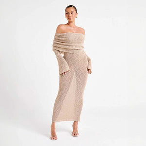 Robe Épaules Dénudées, Coupe Ajustée, Longues Manches, Style Glamour-marbella vibes-Marais Paris-Marais Paris