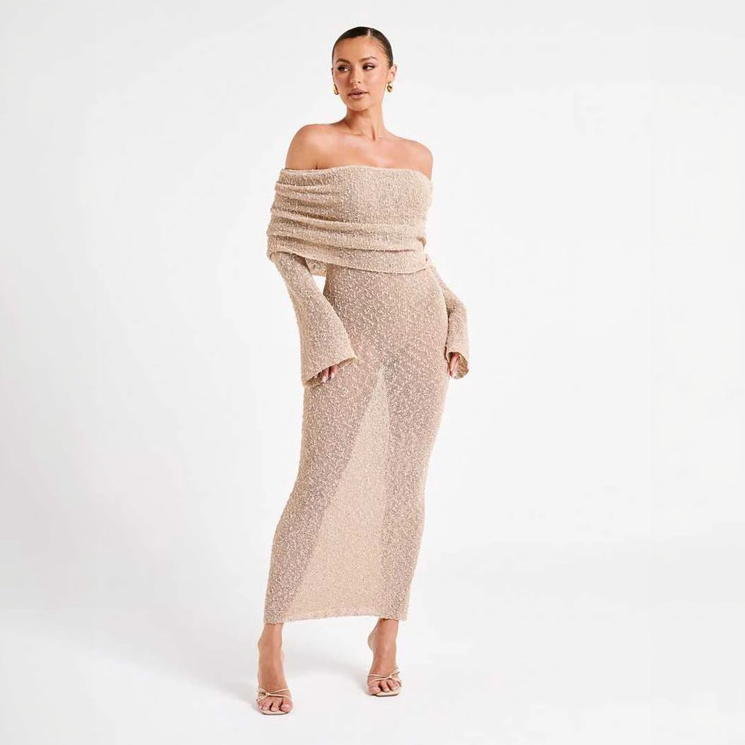 Robe Épaules Dénudées, Coupe Ajustée, Longues Manches, Style Glamour-marbella vibes-Marais Paris-Marais Paris