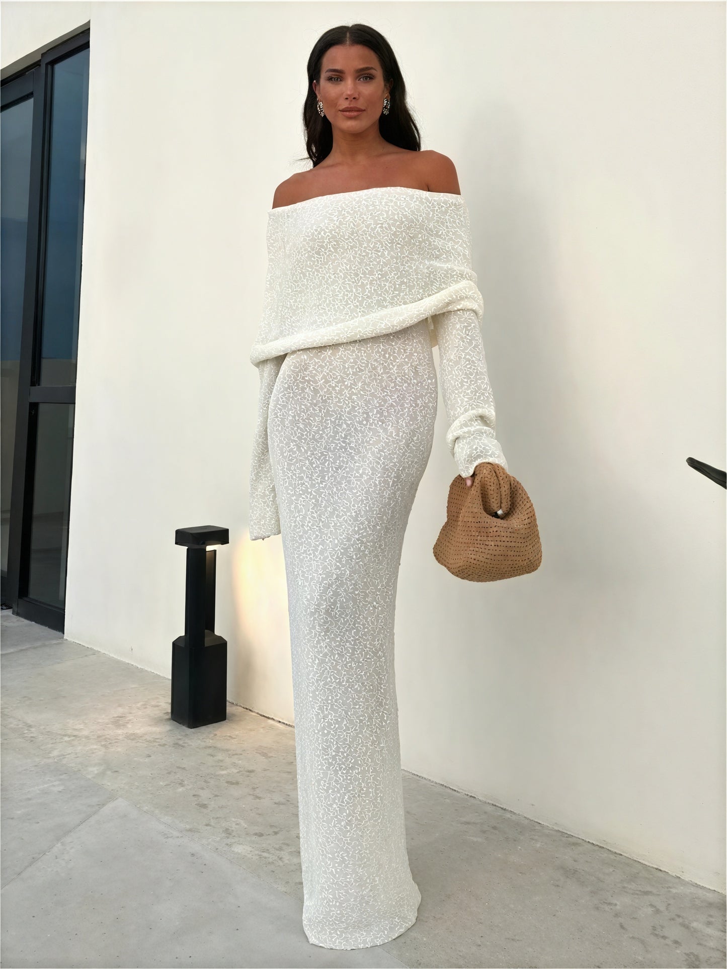Robe Épaules Dénudées, Coupe Ajustée, Longues Manches, Style Glamour-marbella vibes-Marais Paris-Blanc-8 - 10 (S)-Marais Paris