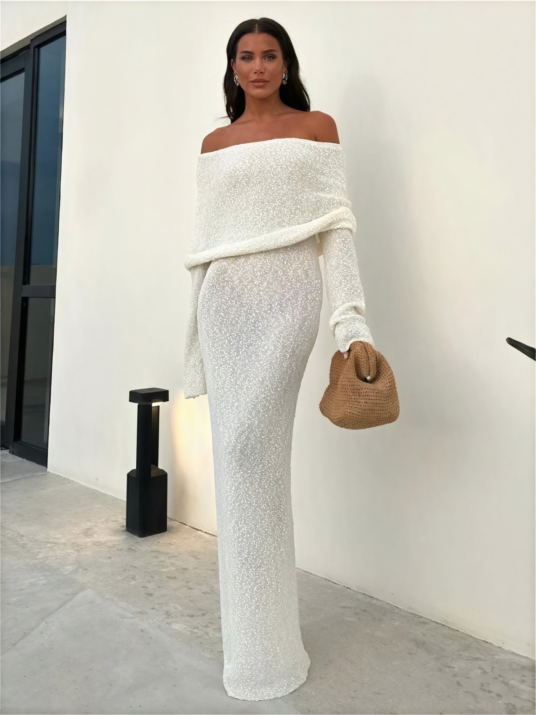 Robe Épaules Dénudées, Coupe Ajustée, Longues Manches, Style Glamour-marbella vibes-Marais Paris-Blanc-8 - 10 (S)-Marais Paris