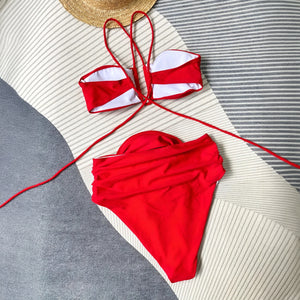 Swimwear Set - Bandeau Top, High-Waisted Bottom, Floral Detail-Holiday vibes-Marais Paris-Marais Paris