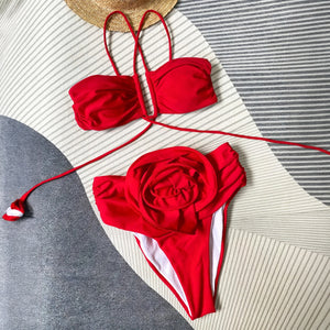 Swimwear Set - Bandeau Top, High-Waisted Bottom, Floral Detail-Holiday vibes-Marais Paris-Marais Paris