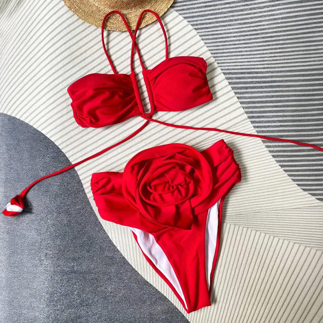 Swimwear Set - Bandeau Top, High-Waisted Bottom, Floral Detail-Holiday vibes-Marais Paris-Marais Paris