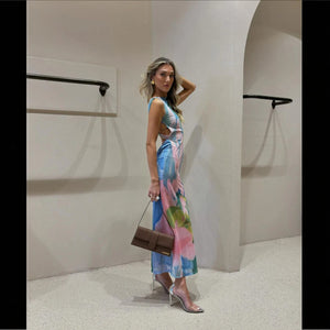 Robe Florale Femme, Coupe Ajustée, Sans Manches, Longueur Midi-Holiday vibes-Marais Paris-Marais Paris