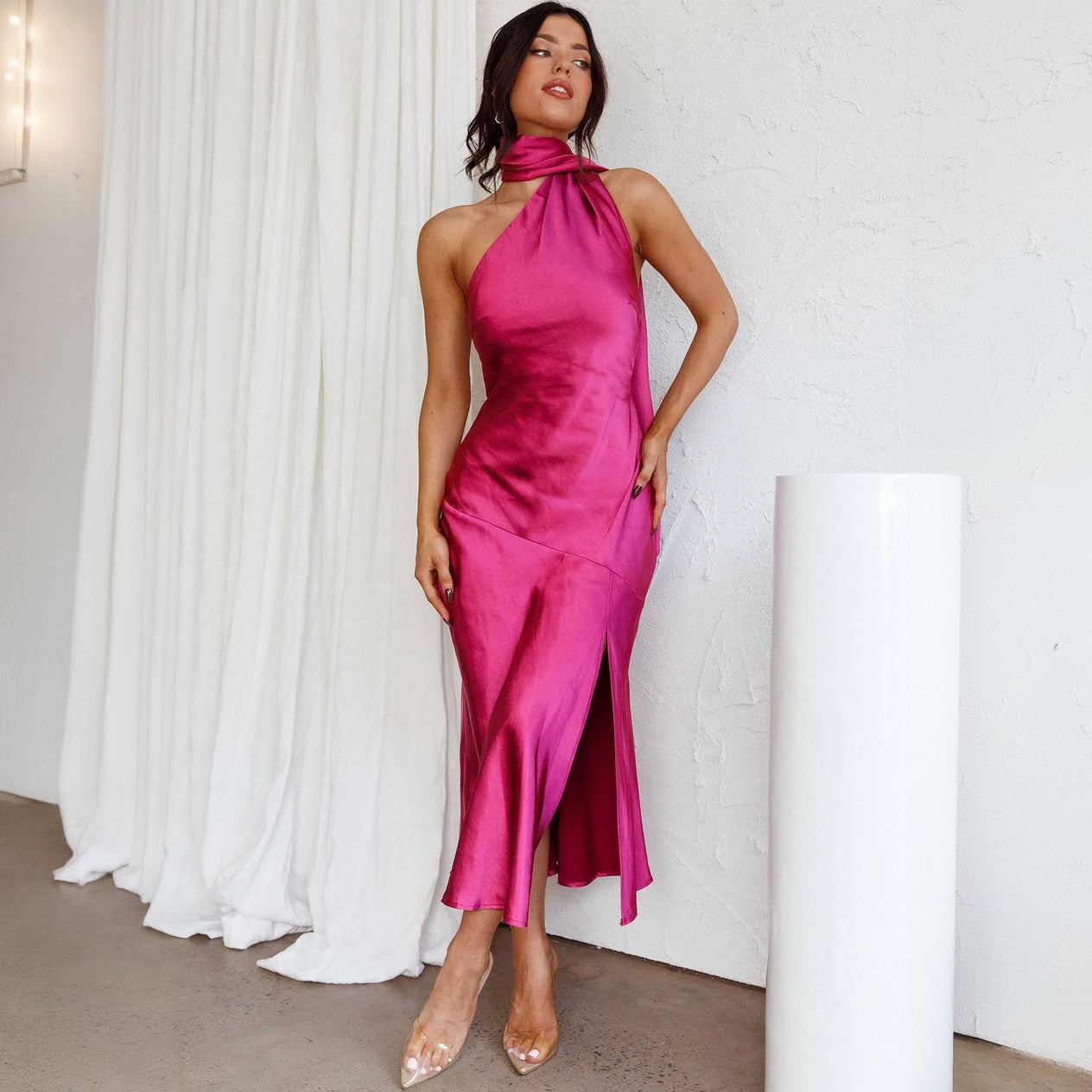 Robe Asymétrique Élégante - Coupe Ajustée, Détail Nœud, Soirée-Wedding Guest-Marais Paris-Rose-8 - 10 (S)-Marais Paris