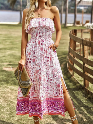 Robe Midi Florale Bohème - Sans Bretelles, Smockée, Fente Haute-Dresses-Marais Paris-Rose-S-Marais Paris