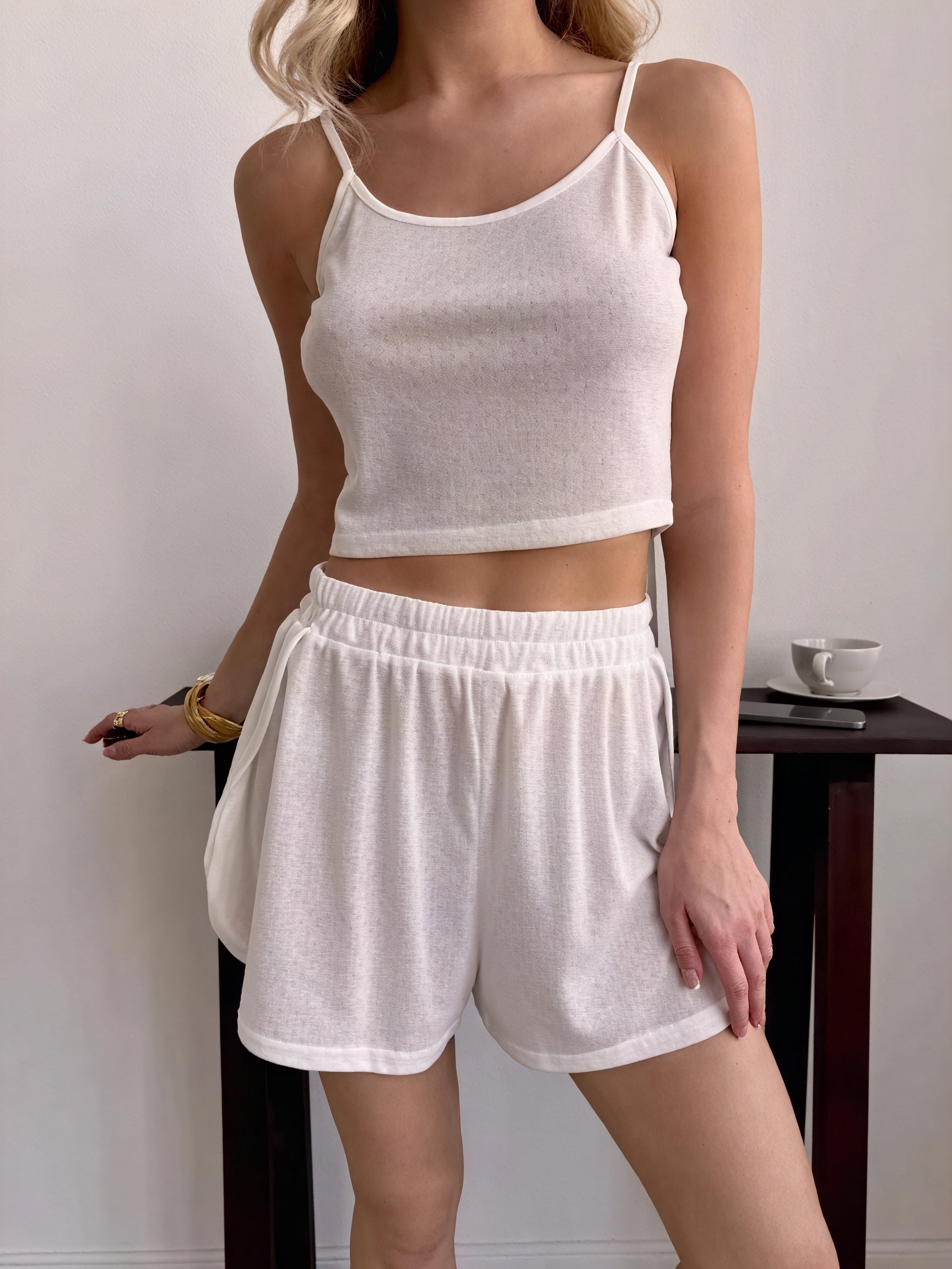 Femme Ensemble Loungewear – Camisole Short Tricot Léger, Confort Décontracté-78905-bdd52121-b42a-48e5-88e7-28468ad48766