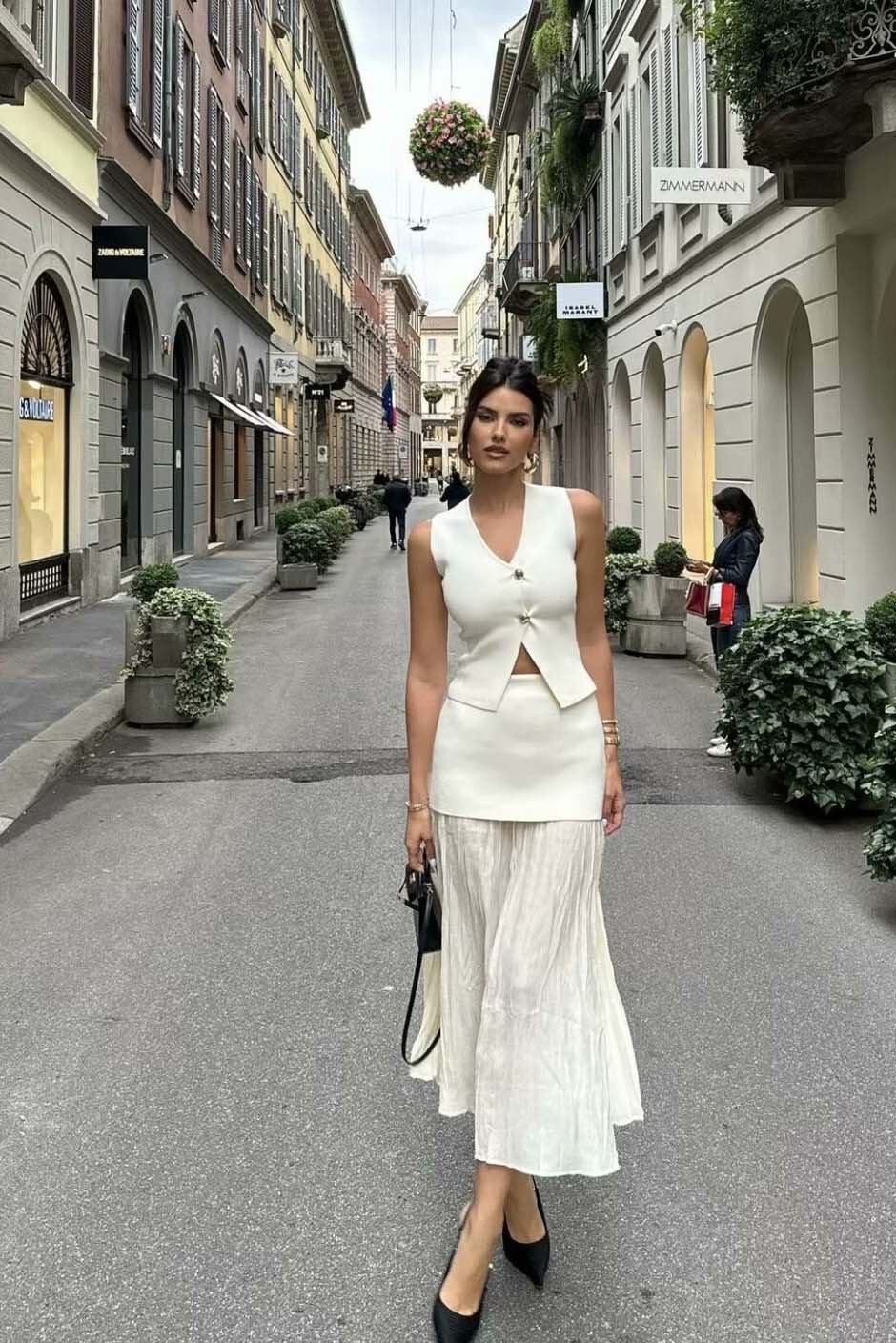 Ensemble Femme : Haut sans Manches & Jupe Midi Plissée-Skirt Sets-Marais Paris-CrèMe-S-Marais Paris