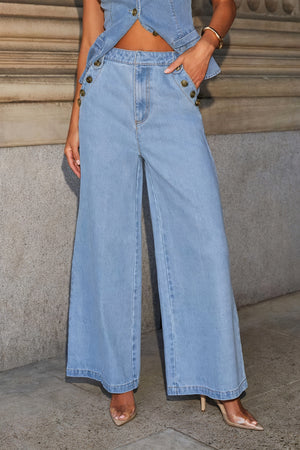 Ensemble Denim Femme: Veste sans Manches & Pantalon Large, Boutons Dorés-Sets-Marais Paris-Marais Paris