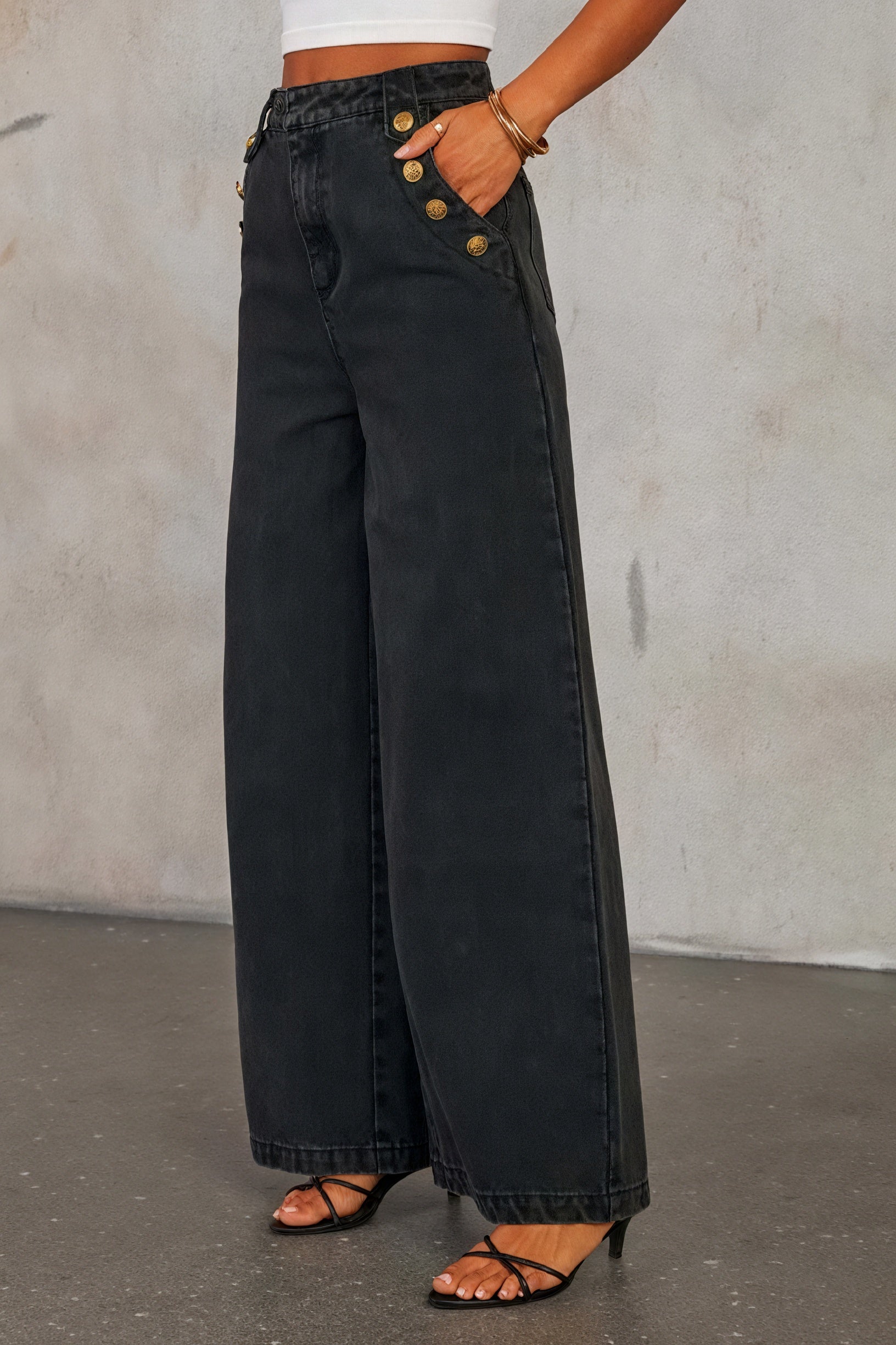 Ensemble Denim Femme: Veste sans Manches & Pantalon Large, Boutons Dorés-Sets-Marais Paris-Marais Paris