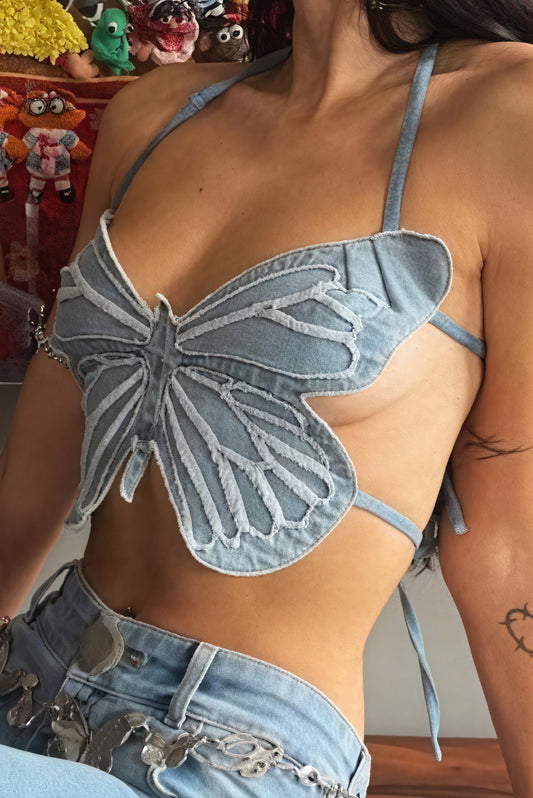 Haut Dos Nu Papillon Texturé - Bretelles Ajustables, Design Unique-Crop Tops-Marais Paris-Bleu-F-Marais Paris