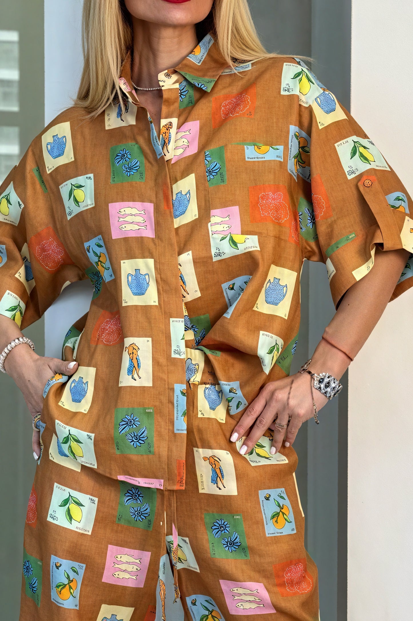 Ensemble Deux Pièces Bohème Imprimé - Pantalon Large, Chemise Manches Courtes-Sets-Marais Paris-Marais Paris