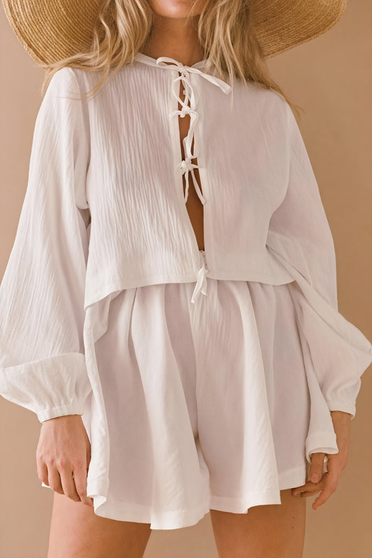 Ensemble Femme Bohème Chic - Haut Manches Longues & Shorts Taille Haute-Sets-Marais Paris-Blanc-S-Marais Paris