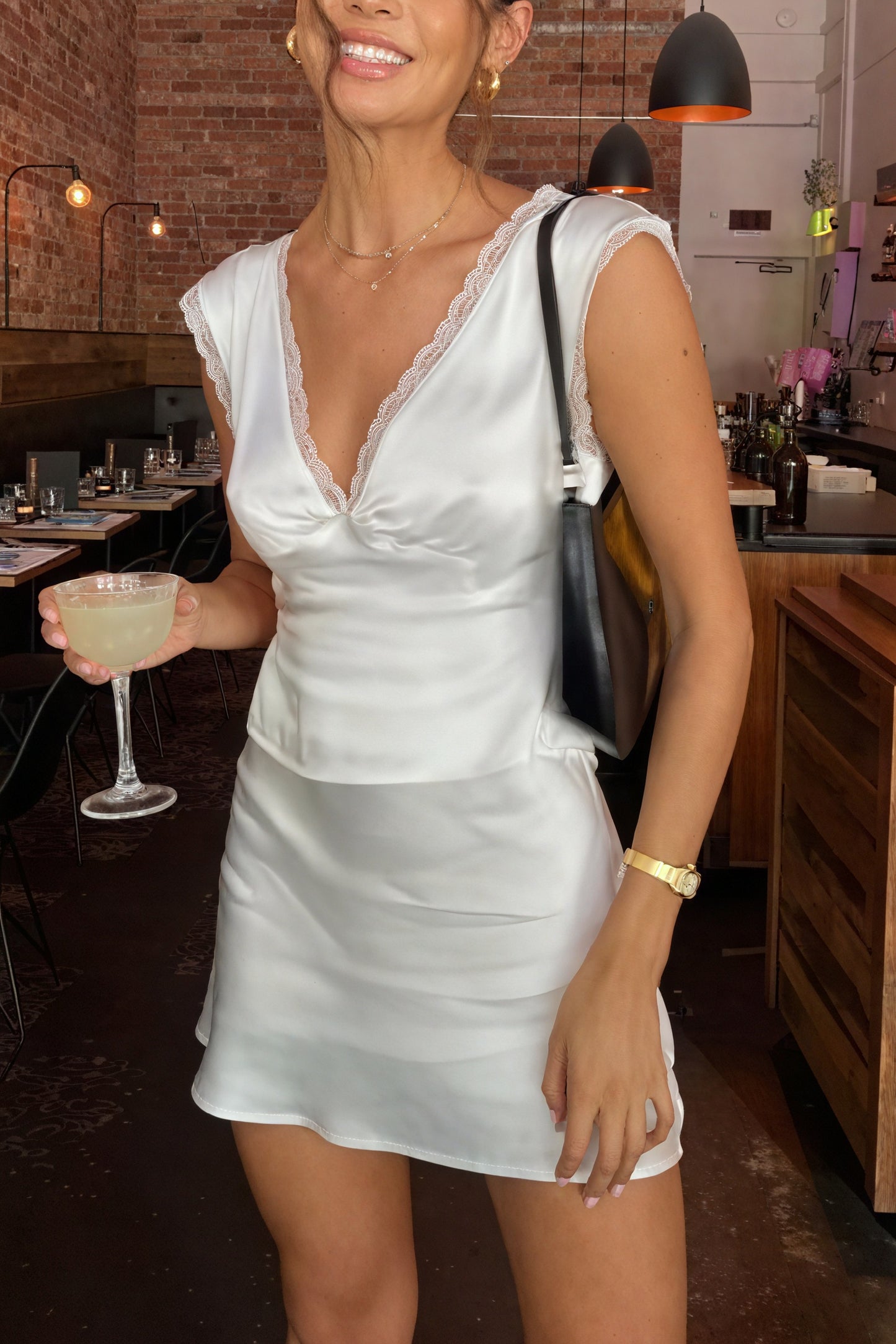 Robe Satinée Dentelle - Mini Jupe, Encolure V, Soirée-Sets-Marais Paris-Blanc-S-Marais Paris