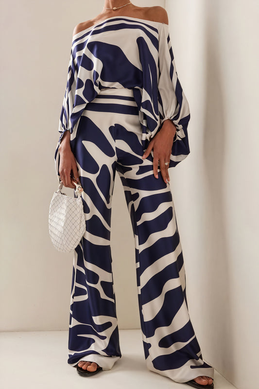 Ensemble Femme Top Épaules Dénudées Pantalon Large Motif Abstrait-Sets-Marais Paris-Bleu-S-Marais Paris
