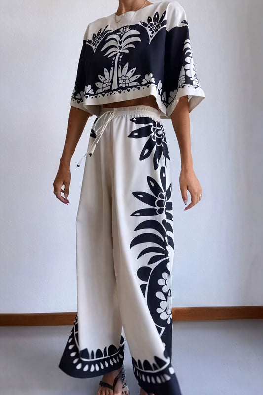 Ensemble Crop Top et Pantalon Large Fleuri - Style Bohème Chic-Sets-Marais Paris-Blanc-S-Marais Paris