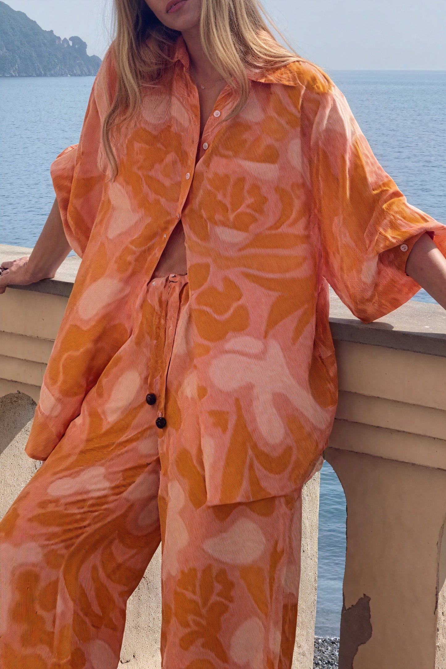 Ensemble Pyjama Femme Bohème Chic - Pantalon Large, Chemise Boutonnée-Sets-Marais Paris-Orange-S-Marais Paris