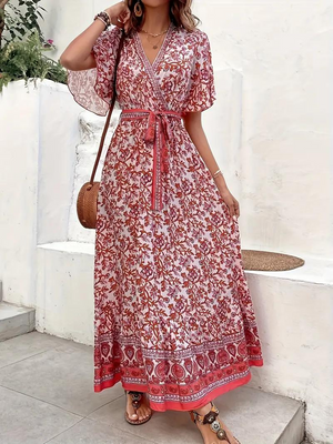 Robe Maxi Fleurie Décolleté V Taille Nouée Manches Courtes Fluide Bohème Été Plage-Marais Paris-Marais Paris