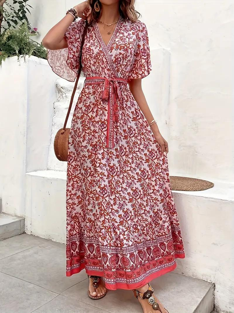 Robe Maxi Fleurie Décolleté V Taille Nouée Manches Courtes Fluide Bohème Été Plage-Marais Paris-Marais Paris
