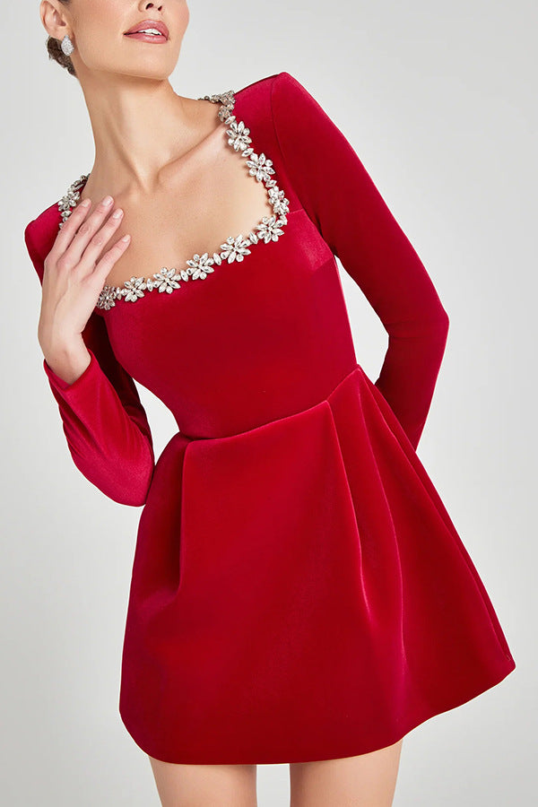 Robe Coupe A-Ligne, Encolure Carrée Ornée, Manches Longues-Mini Dress-Marais Paris-Marais Paris