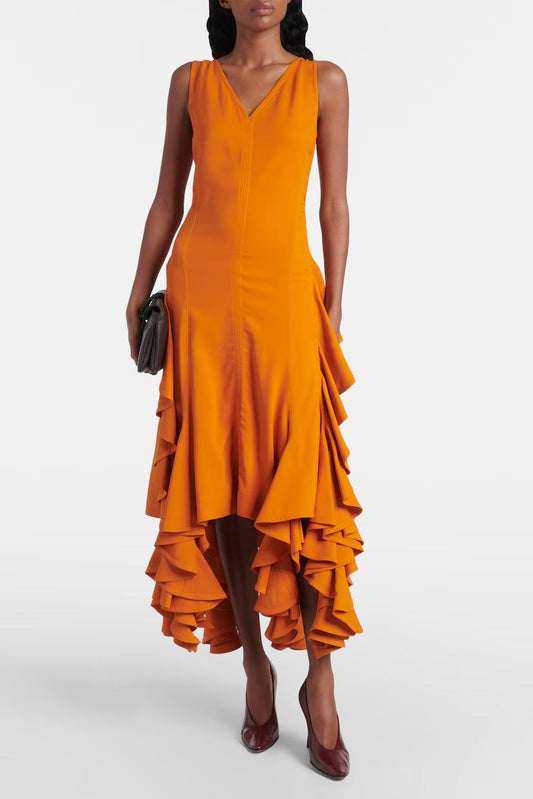 Robe Volants Asymétrique - Coupe Ajustée, Ourlet High-Low-Midi Dresses-Marais Paris-Orange-XS-Marais Paris