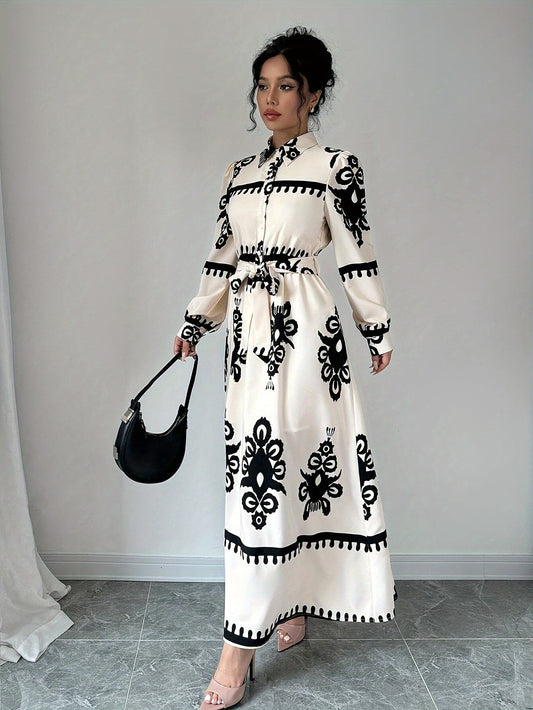 Robe Longue Femme Imprimée – Manches Longues, Ceinture à Nouer, Motif Exclusif-83357-7cbada7f-a7d2-4cc3-a86b-e58a6c5207c6