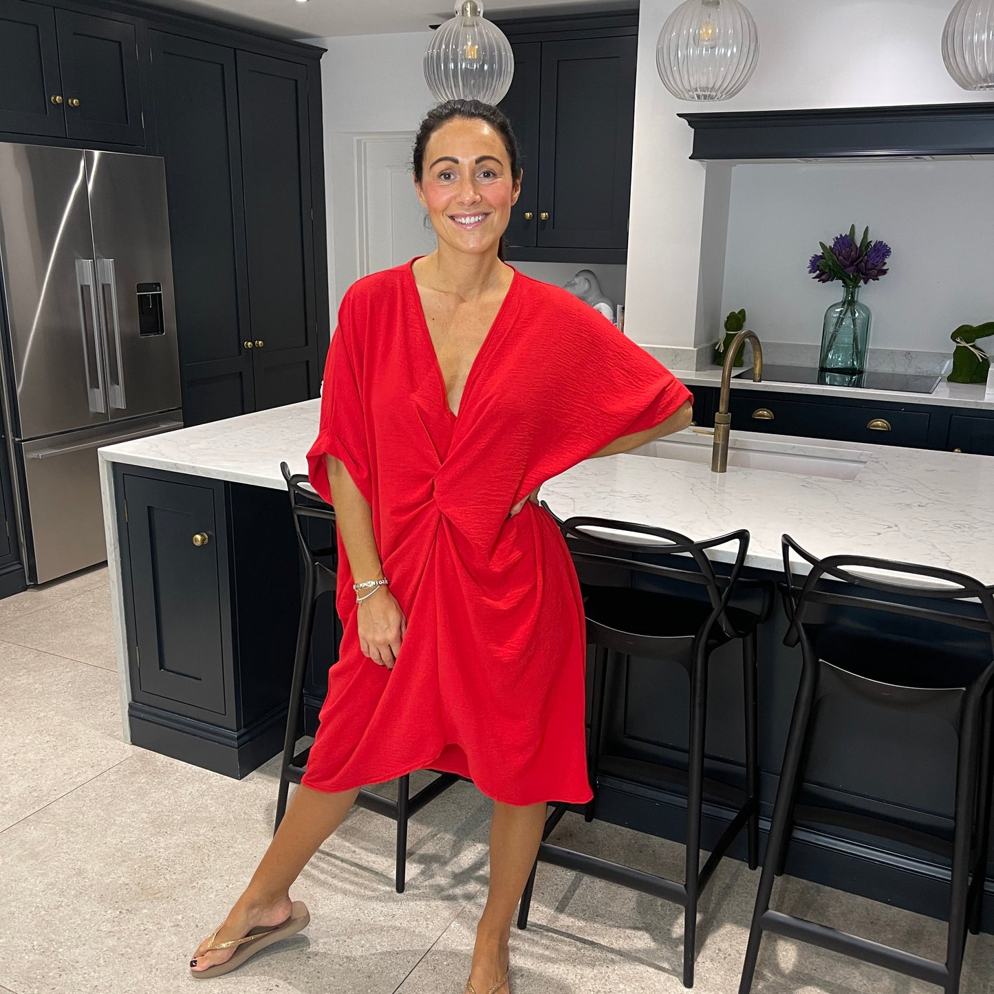 Robe Midi Détail Nœud Torsadé Manches Courtes-Belle Rose Fashion-Bellerose Fashion