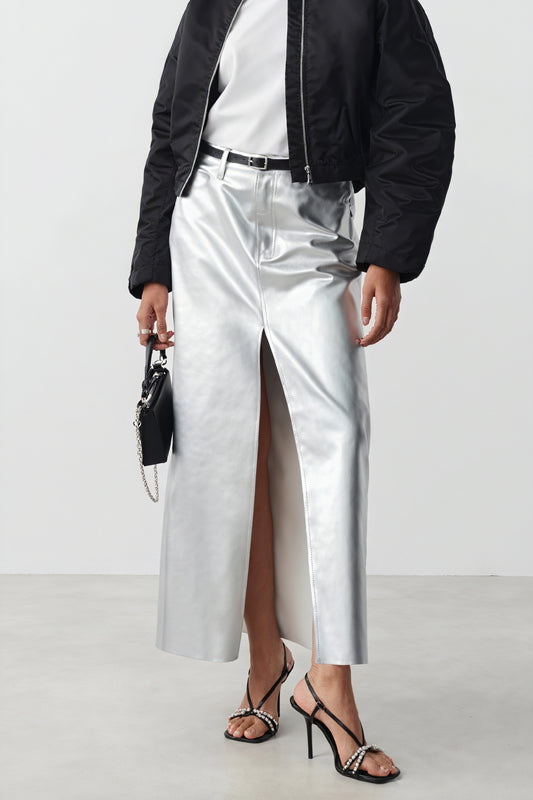 Jupe Maxi Taille Haute avec Fente Avant - Mode Moderne-Maxi Skirts-Marais Paris-Argent-S-Marais Paris