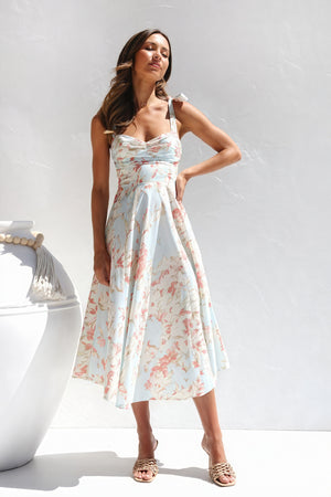 Robe Midi Florale Bretelles Nouées - Coupe Ajustée, Imprimé Romantique-Dresses-Marais Paris-Marais Paris