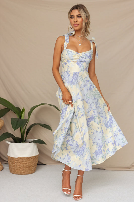 Robe Midi Florale Bretelles Nouées - Coupe Ajustée, Imprimé Romantique-Dresses-Marais Paris-Bleu-S-Marais Paris