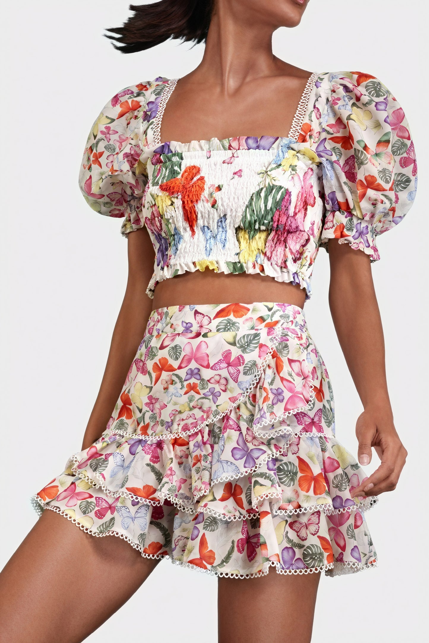 Ensemble Top et Jupe Fleuri Bohème - Manches Bouffantes, Volants-Sets-Marais Paris-Marais Paris