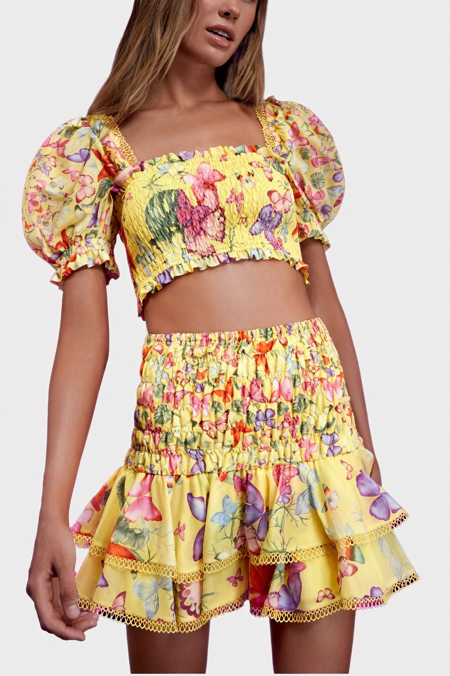 Ensemble Top et Jupe Fleuri Bohème - Manches Bouffantes, Volants-Sets-Marais Paris-Jaune-S-Marais Paris