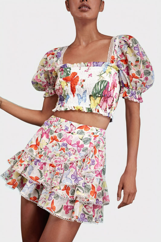Ensemble Top et Jupe Fleuri Bohème - Manches Bouffantes, Volants-Sets-Marais Paris-Blanc-S-Marais Paris