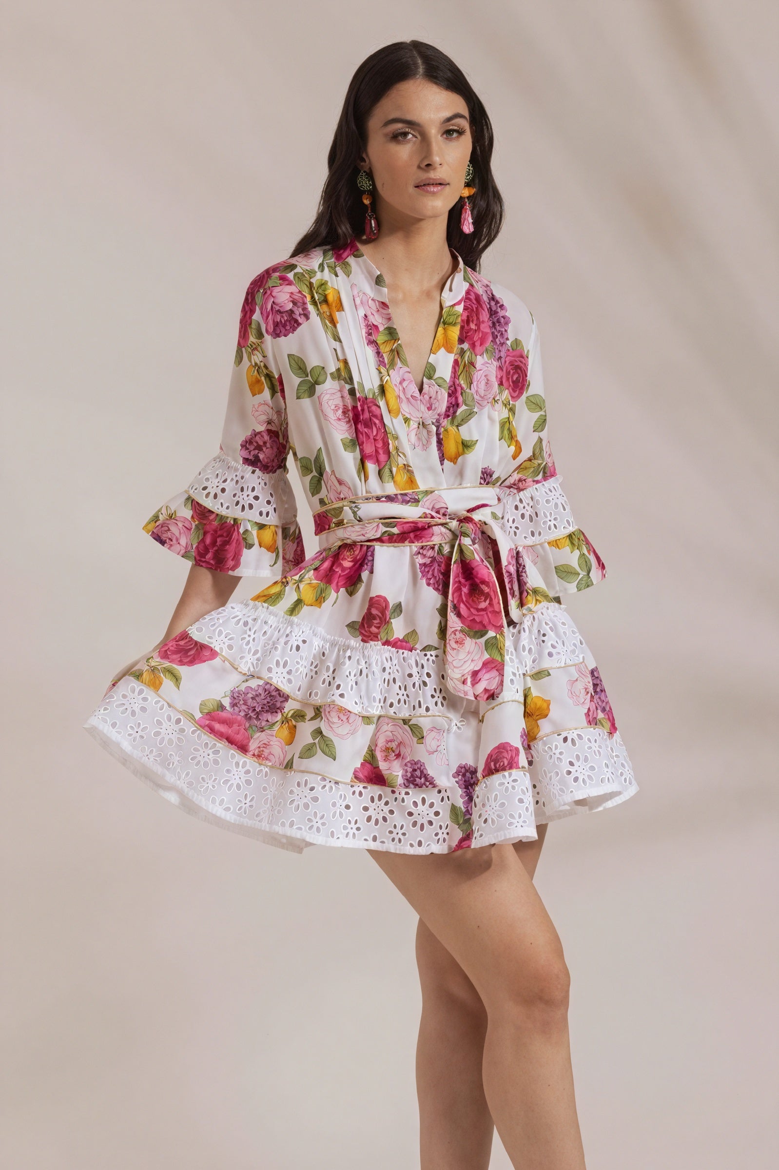 Robe Courte Fleurie Style Bohème - Coupe Cache-Cœur, Volants-Dresses-Marais Paris-Multicolore-S-Marais Paris