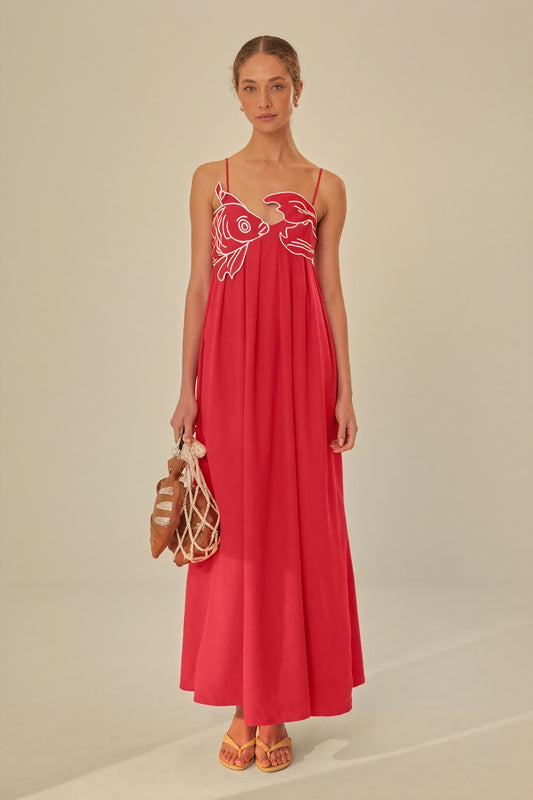 Robe Longue Bohème avec Applique Poisson, Bretelles Fines, Style Été-Dresses-Marais Paris-Rouge-S-Marais Paris