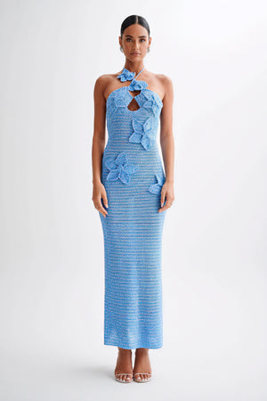 Robe Longue Bohème Florale Crochetée - Halter, Appliqués Floraux-Dresses-Marais Paris-Bleu-S-Marais Paris