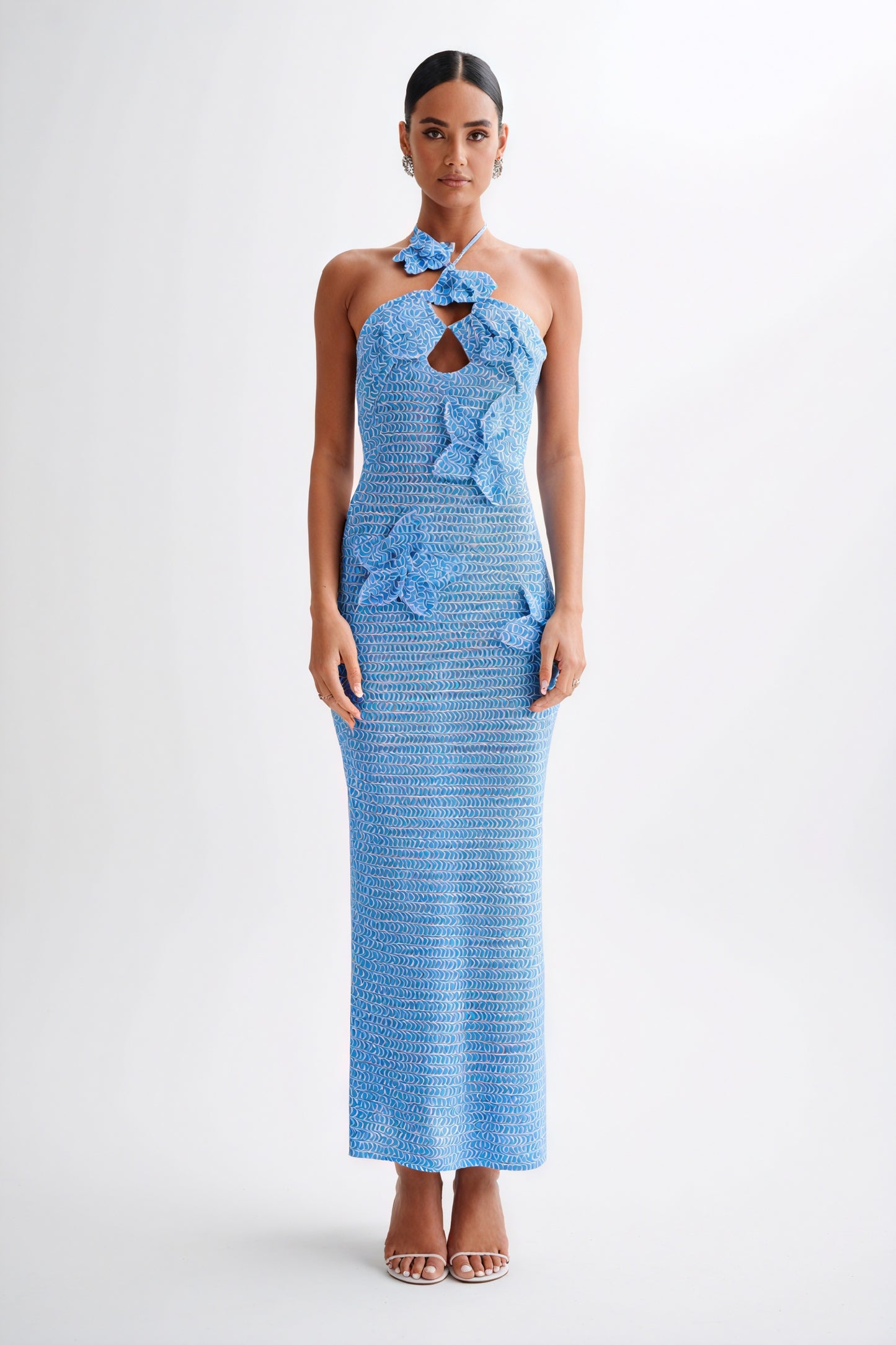 Robe Longue Bohème Florale Crochetée - Halter, Appliqués Floraux-Dresses-Marais Paris-Bleu-S-Marais Paris