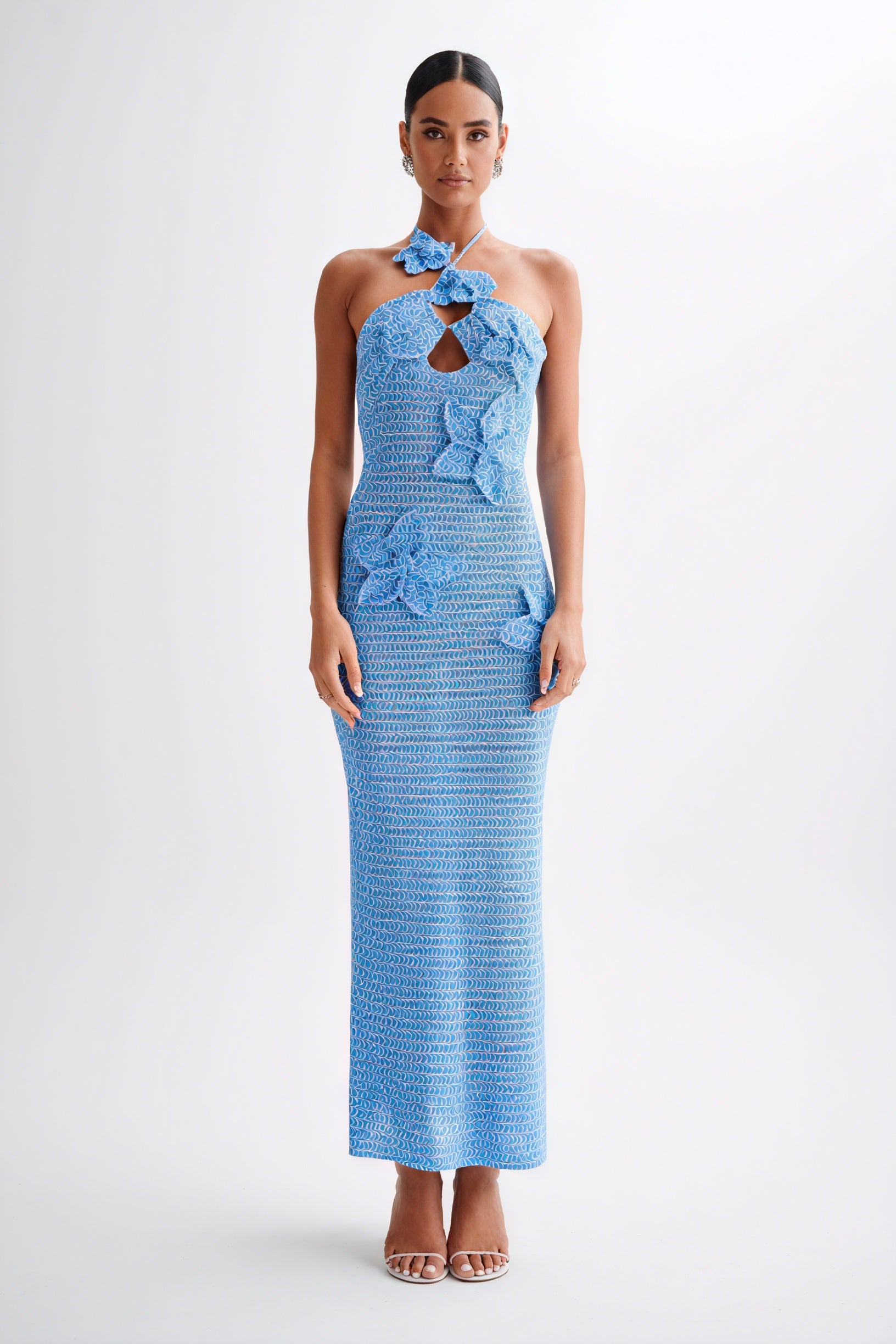 Robe Longue Bohème Florale Crochetée - Halter, Appliqués Floraux-Dresses-Marais Paris-Bleu-S-Marais Paris
