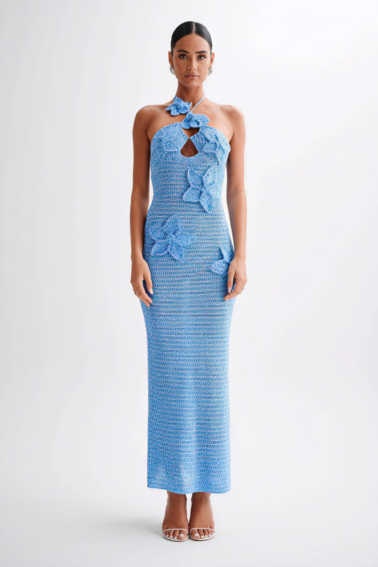 Robe Longue Bohème Florale Crochetée - Halter, Appliqués Floraux-Dresses-Marais Paris-Bleu-S-Marais Paris