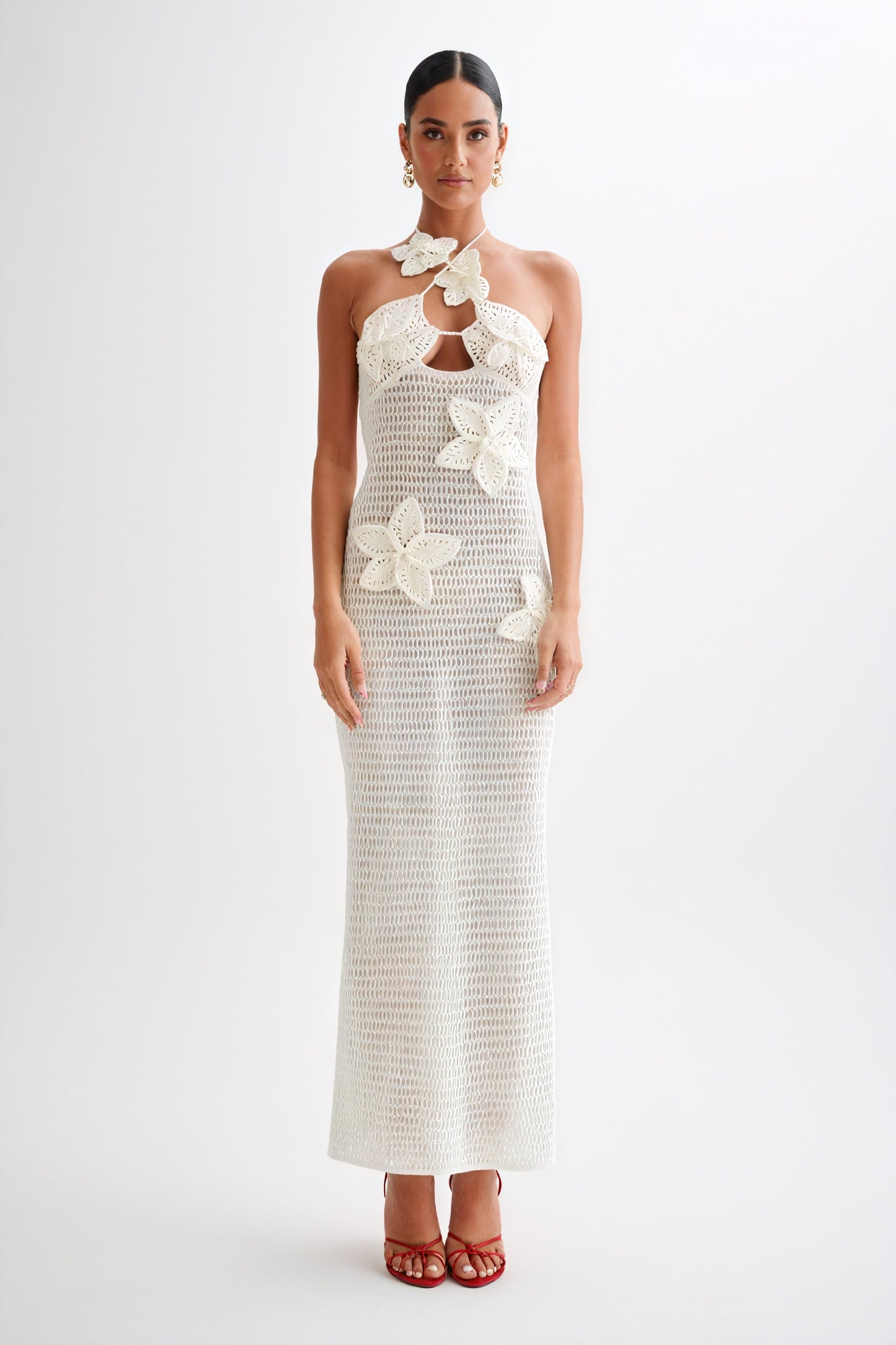 Robe Longue Bohème Florale Crochetée - Halter, Appliqués Floraux-Dresses-Marais Paris-Blanc-S-Marais Paris
