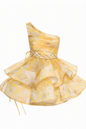Robe Mini Épaule Nue Imprimée - Coupe Ajustée, Jupe Volantée-Dresses-Marais Paris-Marais Paris