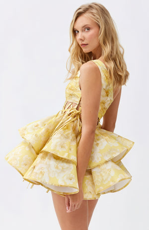 Robe Mini Épaule Nue Imprimée - Coupe Ajustée, Jupe Volantée-Dresses-Marais Paris-Marais Paris