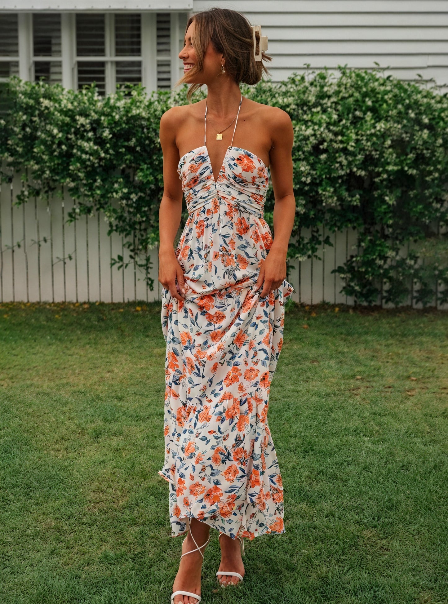 Robe Maxi Bohème Chic Imprimé Floral, Halterneck, Jupe à Volants-Dresses-Marais Paris-Marais Paris