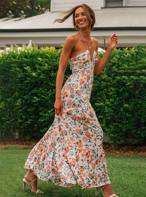 Robe Maxi Bohème Chic Imprimé Floral, Halterneck, Jupe à Volants-Dresses-Marais Paris-Marais Paris
