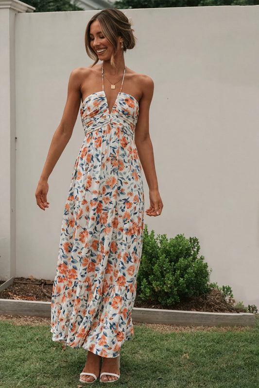 Robe Maxi Bohème Chic Imprimé Floral, Halterneck, Jupe à Volants-Dresses-Marais Paris-Orange-S-Marais Paris