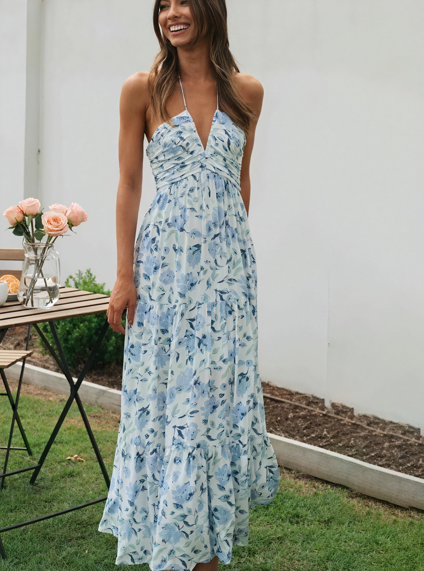 Robe Maxi Bohème Chic Imprimé Floral, Halterneck, Jupe à Volants-Dresses-Marais Paris-Marais Paris