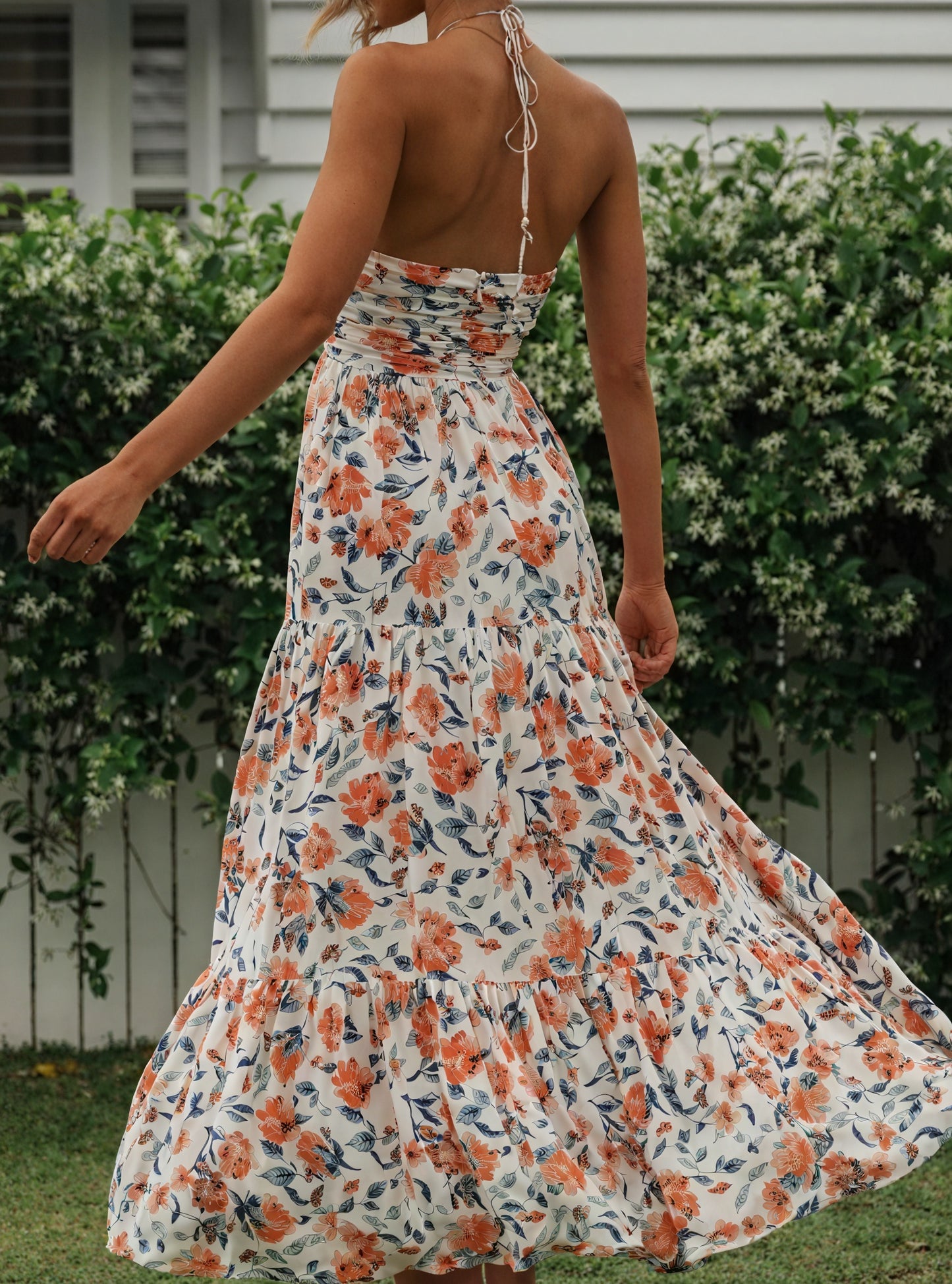 Robe Maxi Bohème Chic Imprimé Floral, Halterneck, Jupe à Volants-Dresses-Marais Paris-Marais Paris